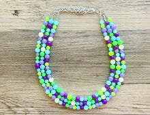 Load image into Gallery viewer, Neon Seascape Statement Necklace, chunky bib beaded jewelry, Summer purple blue green necklace, beaded acrylic jewelry lime aqua