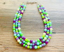 Load image into Gallery viewer, Neon Seascape Statement Necklace, chunky bib beaded jewelry, Summer purple blue green necklace, beaded acrylic jewelry lime aqua