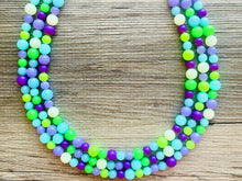 Load image into Gallery viewer, Neon Seascape Statement Necklace, chunky bib beaded jewelry, Summer purple blue green necklace, beaded acrylic jewelry lime aqua