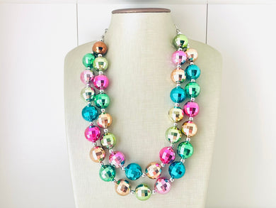 Rainbow Mirror Ball Silver Chain necklace, stunning sparkle shimmer statement bib necklace, 2 strand necklace pink blue green
