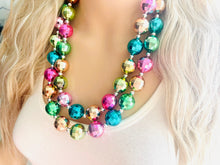 Load image into Gallery viewer, Rainbow Mirror Ball Silver Chain necklace, stunning sparkle shimmer statement bib necklace, 2 strand necklace pink blue green