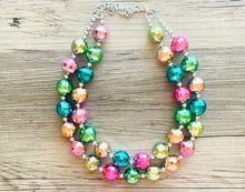 Load image into Gallery viewer, Rainbow Mirror Ball Silver Chain necklace, stunning sparkle shimmer statement bib necklace, 2 strand necklace pink blue green