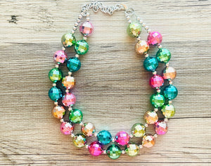 Rainbow Mirror Ball Silver Chain necklace, stunning sparkle shimmer statement bib necklace, 2 strand necklace pink blue green