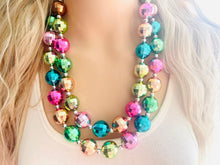 Load image into Gallery viewer, Rainbow Mirror Ball Silver Chain necklace, stunning sparkle shimmer statement bib necklace, 2 strand necklace pink blue green
