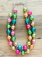 Load image into Gallery viewer, Rainbow Mirror Ball Silver Chain necklace, stunning sparkle shimmer statement bib necklace, 2 strand necklace pink blue green