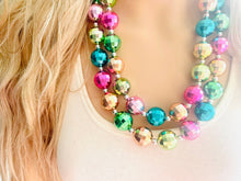 Load image into Gallery viewer, Rainbow Mirror Ball Silver Chain necklace, stunning sparkle shimmer statement bib necklace, 2 strand necklace pink blue green