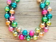 Load image into Gallery viewer, Rainbow Mirror Ball Silver Chain necklace, stunning sparkle shimmer statement bib necklace, 2 strand necklace pink blue green