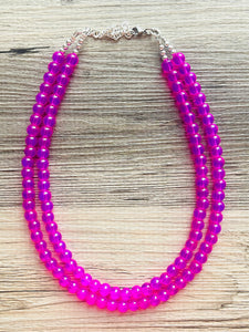 Neon Pink Day Glow 2 Strand Big Beaded Statement Necklace, pink Jewelry set, pink earrings, pink beaded necklace, bridesmaid magenta