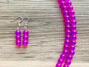 Neon Pink Day Glow 2 Strand Big Beaded Statement Necklace, pink Jewelry set, pink earrings, pink beaded necklace, bridesmaid magenta