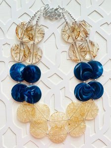 Champagne Crackle Navy Blue & Brown Chunky Statement Necklace, Big beaded jewelry, light brown chunky champagne jewelry, earrings bead