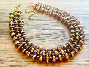 Grape Glass & gold Sparkle Statement Necklace, Chunky 3 Strand Jewelry, purple necklace silver necklace, dark purple eggplant bib necklace