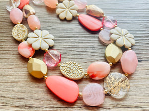 Love & Light Statement Necklace, chunky bib beaded jewelry, Rainbow jewelry, coral peach gold acrylic jewelry pink resin