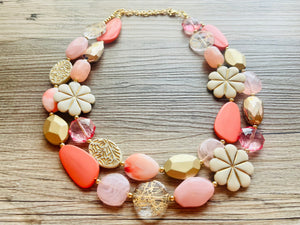 Love & Light Statement Necklace, chunky bib beaded jewelry, Rainbow jewelry, coral peach gold acrylic jewelry pink resin