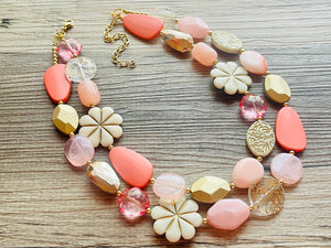 Love & Light Statement Necklace, chunky bib beaded jewelry, Rainbow jewelry, coral peach gold acrylic jewelry pink resin