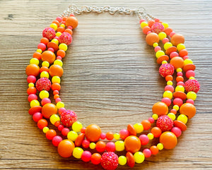 Buzzing Like Neon Statement Necklace, chunky bib beaded jewelry, Summer pink yellow orange necklace, beaded acrylic jewelry hot pink