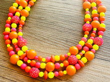 Load image into Gallery viewer, Buzzing Like Neon Statement Necklace, chunky bib beaded jewelry, Summer pink yellow orange necklace, beaded acrylic jewelry hot pink