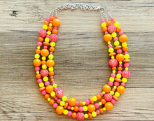 Load image into Gallery viewer, Buzzing Like Neon Statement Necklace, chunky bib beaded jewelry, Summer pink yellow orange necklace, beaded acrylic jewelry hot pink