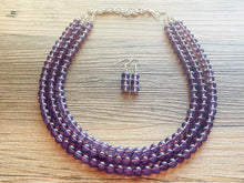 Load image into Gallery viewer, Grape Glass Sparkle Statement Necklace, Chunky 3 Strand Jewelry, purple necklace silver necklace, dark purple eggplant bib necklace