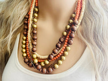 Load image into Gallery viewer, Coral Wood &amp; Gold statement necklace, chunky bib beaded jewelry 5 strand neutral, wood multi strand wood thick bib vintage, brown gold