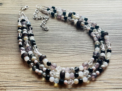 CHECKMATE I Couldn’t Lose Necklace, Black & White Statement Necklace, multi strand jewelry, big beaded chunky statement necklace, neutral