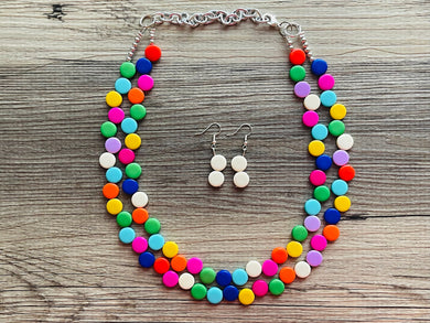 Rainbow Double Statement Necklace, Chunky Jewelry Big Beaded Necklace, colorful Necklace, baby pink blue green white Jewelry bubble Earrings