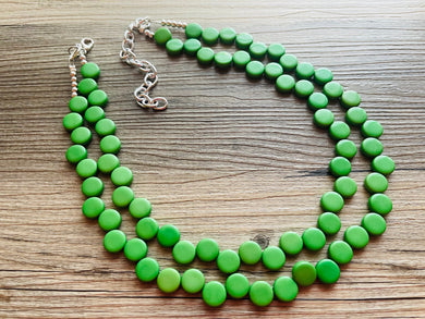 Green Double Statement Necklace, Chunky Jewelry Big Beaded Necklace, colorful Necklace, dark grass green white Jewelry bubble Earrings