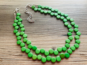 Green Double Statement Necklace, Chunky Jewelry Big Beaded Necklace, colorful Necklace, dark grass green white Jewelry bubble Earrings