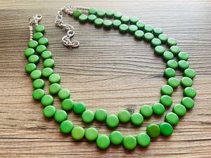 Green Double Statement Necklace, Chunky Jewelry Big Beaded Necklace, colorful Necklace, dark grass green white Jewelry bubble Earrings