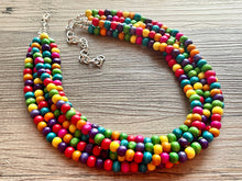 Load image into Gallery viewer, Cobblestone Chunky Rainbow Beaded Necklace, 5 Strand Colorful Jewelry statement necklace, wood big beaded necklace, rainbow jewelry baby