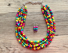 Load image into Gallery viewer, Cobblestone Chunky Rainbow Beaded Necklace, 5 Strand Colorful Jewelry statement necklace, wood big beaded necklace, rainbow jewelry baby