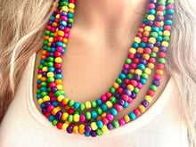 Load image into Gallery viewer, Cobblestone Chunky Rainbow Beaded Necklace, 5 Strand Colorful Jewelry statement necklace, wood big beaded necklace, rainbow jewelry baby