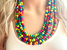 Load image into Gallery viewer, Cobblestone Chunky Rainbow Beaded Necklace, 5 Strand Colorful Jewelry statement necklace, wood big beaded necklace, rainbow jewelry baby