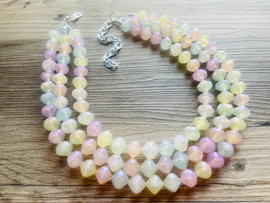 Day Glow Multi-Color Rainbow Necklace, pastel Chunky Statement Necklace Happy Bright Summer Jewelry, big beaded jewelry geometric white