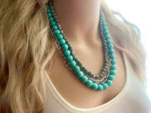 Gray Waves & Turquoise Silver Chain Blues statement Necklace, green wood beaded chunky bib wedding crystals, dark navy blue