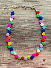 Load image into Gallery viewer, Rainbow Single Statement Necklace, Chunky Jewelry Big Beaded Necklace, blue green yellow pink Necklace, magenta Jewelry bubble earrings