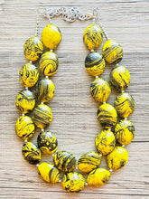 Load image into Gallery viewer, Bubble bee Swirl Yellow Statement Necklace, chunky bib beaded jewelry, Summer jewelry, black necklace, beaded acrylic jewelry bumblebee