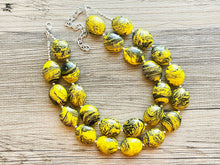 Load image into Gallery viewer, Bubble bee Swirl Yellow Statement Necklace, chunky bib beaded jewelry, Summer jewelry, black necklace, beaded acrylic jewelry bumblebee