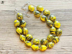 Bubble bee Swirl Yellow Statement Necklace, chunky bib beaded jewelry, Summer jewelry, black necklace, beaded acrylic jewelry bumblebee