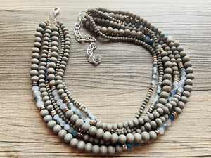 Gray Skys & Silver Blues statement Necklace, dyed gray wood beaded chunky bib wedding crystals, dark navy blue 6 strand jewelry, chunky bib