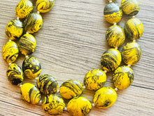 Load image into Gallery viewer, Bubble bee Swirl Yellow Statement Necklace, chunky bib beaded jewelry, Summer jewelry, black necklace, beaded acrylic jewelry bumblebee