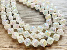 Load image into Gallery viewer, Shattered Edges Glisten Beaded Necklace, 3 Strand Statement Jewelry, clear Chunky bib, bridesmaid necklace, rainbow crackle jewelry