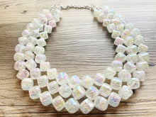 Load image into Gallery viewer, Shattered Edges Glisten Beaded Necklace, 3 Strand Statement Jewelry, clear Chunky bib, bridesmaid necklace, rainbow crackle jewelry