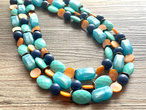 Gold Shell Beach Wave triple strand statement necklace, jewelry set orange, beaded jewelry chunky bib statement set, blue green turquoise