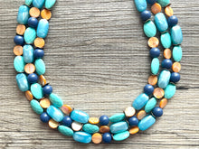 Load image into Gallery viewer, Gold Shell Beach Wave triple strand statement necklace, jewelry set orange, beaded jewelry chunky bib statement set, blue green turquoise