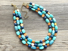 Load image into Gallery viewer, Gold Shell Beach Wave triple strand statement necklace, jewelry set orange, beaded jewelry chunky bib statement set, blue green turquoise