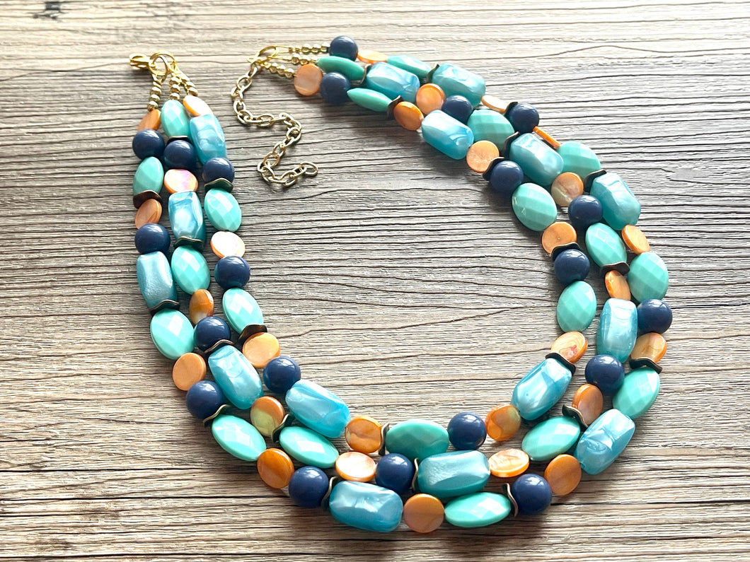 Gold Shell Beach Wave triple strand statement necklace, jewelry set orange, beaded jewelry chunky bib statement set, blue green turquoise