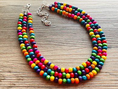 Cobblestone Chunky Rainbow Beaded Necklace, 3 Strand Colorful Jewelry statement necklace, wood big beaded necklace, rainbow jewelry baby