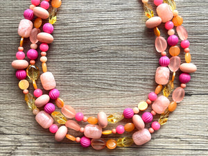 Gina Summer Statement necklace, peach necklace, Beaded statement necklace, bib necklace, yellow fall autumn orange jewelry pink coral