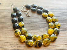 Load image into Gallery viewer, Bubble bee Swirl Yellow Statement Necklace, chunky bib beaded jewelry, Summer jewelry, black necklace, beaded acrylic jewelry bumblebee