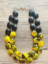 Load image into Gallery viewer, Bubble bee Swirl Yellow Statement Necklace, chunky bib beaded jewelry, Summer jewelry, black necklace, beaded acrylic jewelry bumblebee